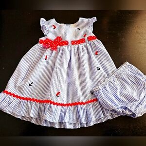 Striped Baby Dress with Red Accents With Matching Bloomers. 18 Months